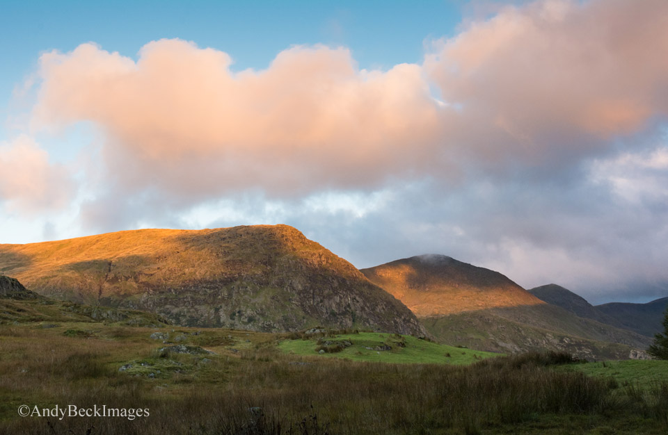 Sun strikes the Ill Bell ridge at dawn in the Kentmere Valley