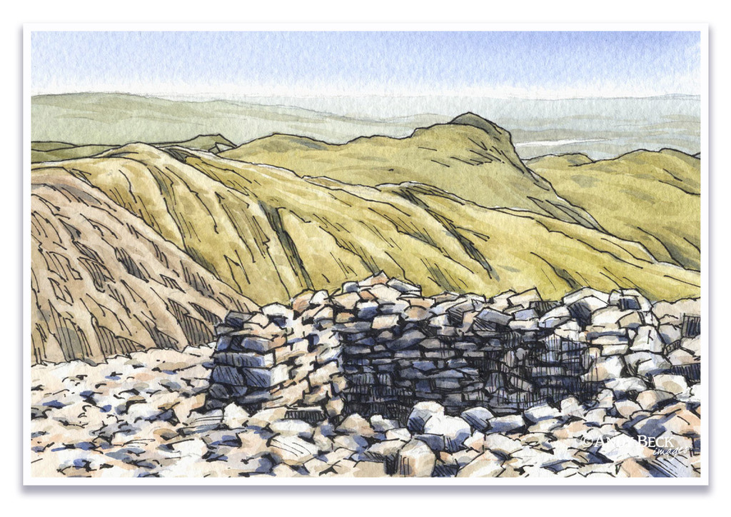 Shelter near Scafell Pike summit, Scafell Pike sketch, Wainwright Scafell Pike Andy Beck painting the wainwrights series