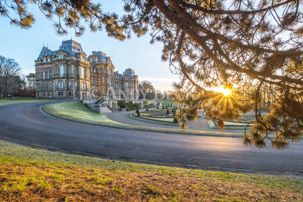 Bowes Museum at sunrise, early sun in the grounds of The Bowes Museum