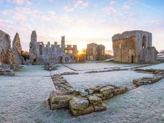 Egglestone Abbey on a bright frosty morning as the sun rises. Teesdale
