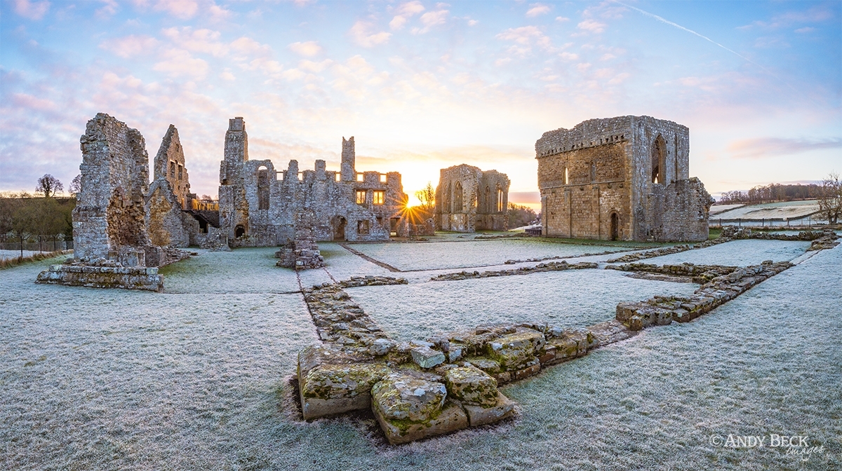 Egglestone Abbey on a bright frosty morning as the sun rises. Teesdale