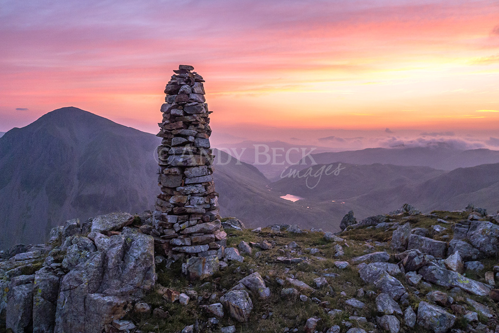 Lingmell dawn, sunrise approaches, Lingmell cairn with Great Gable on the left