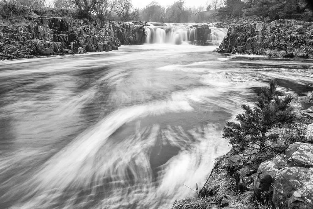 Low Force in the mist Black and white, River Tees County Durham