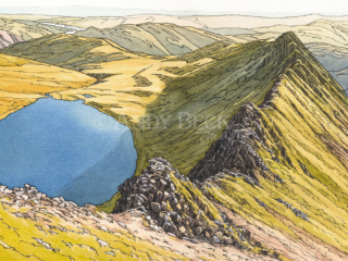 Striding Edge, Helvellyn, Pen and watercolour sketch, Wainwright Striding Edge Andy Beck painting the wainwrights series