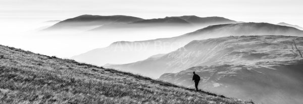 Layers of hills, hillwalker on the lakeland fells
