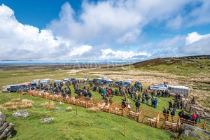 Tan Hill Show, sheep pens and the landscape of Teesdale beyond.