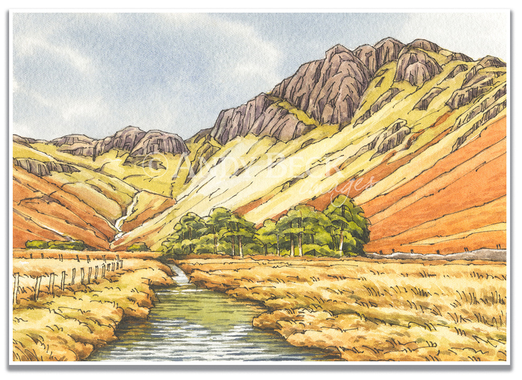 Haystacks sketch by Andy Beck, pen and watercolour