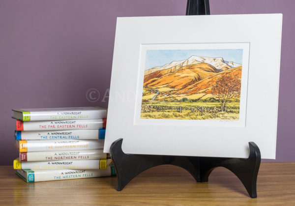 Blencathra print mounted, pen and watercolour by Andy Beck