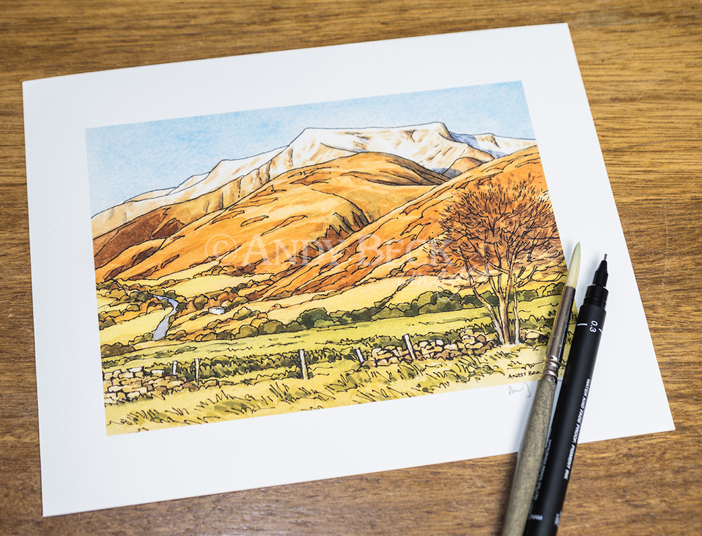 Blencathra print by Andy Beck from an original pen and watercolour sketch Lakeland fell Lake District