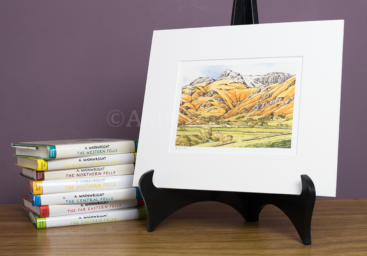 Langdale Pikes, Lake District, original linocut print