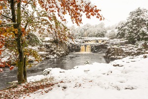 Low Force waterfall in snow, river Tees. Teesdale, County Durham