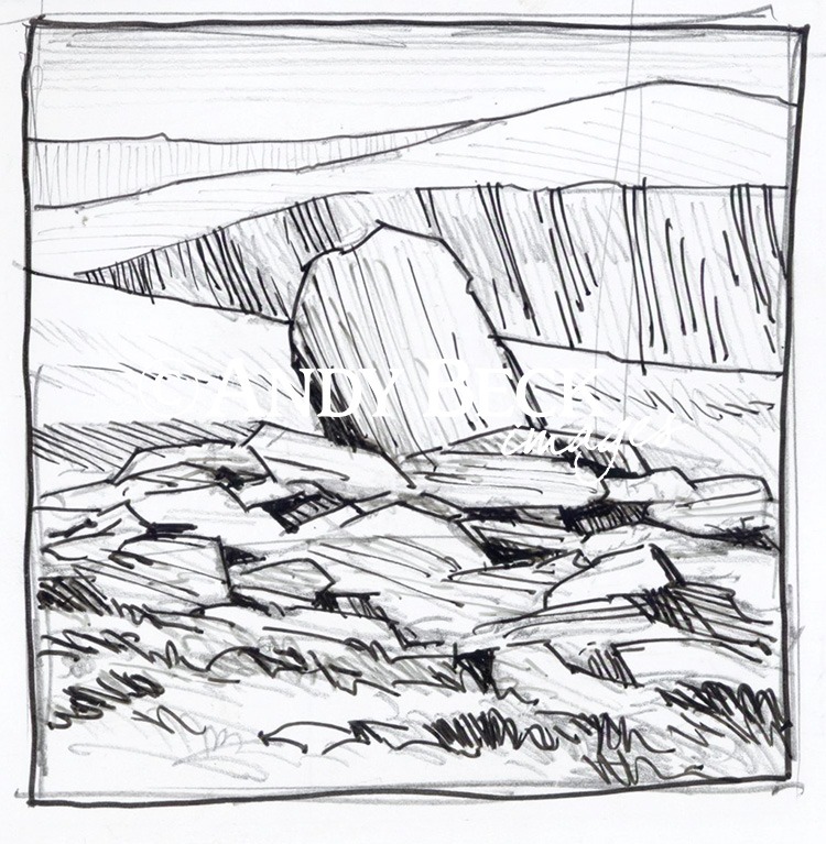 Bannerdale Crags summit line drawing. Wainwright Bannerdale Crags
