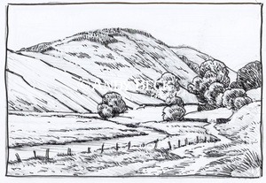 Mabbin Crag line drawing. Wainwright Mabbin Crag