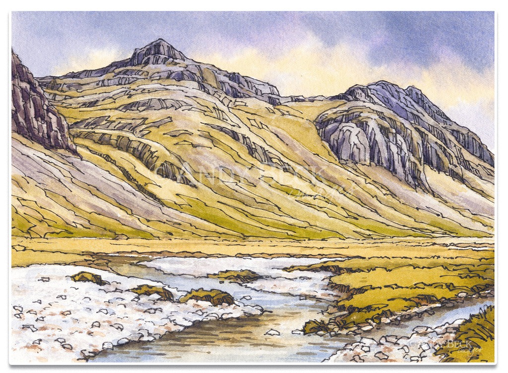 Scafell Pike from Great Moss by Andy Beck. Pen and ink sketch