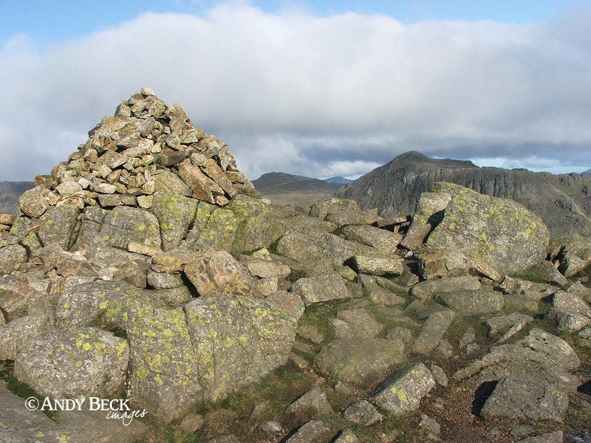 Crinkle Crags summit, Long Top summit and Bow Fell
