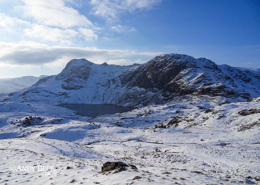 Harrison Stickle and Pavey Ark. Stickle Tarn. Wainwright Langdale Pikes