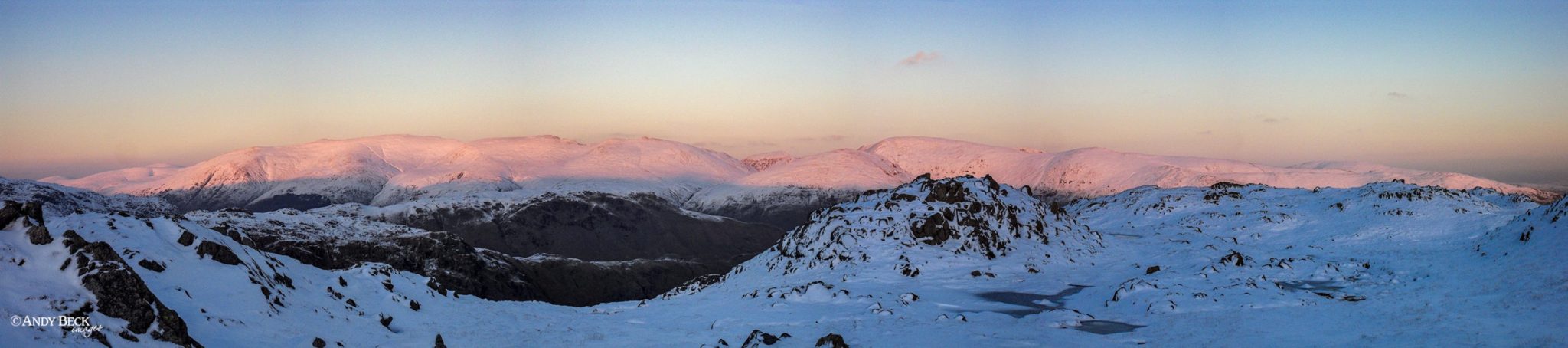 Helvellyn range in winter. Helvellyn panorama