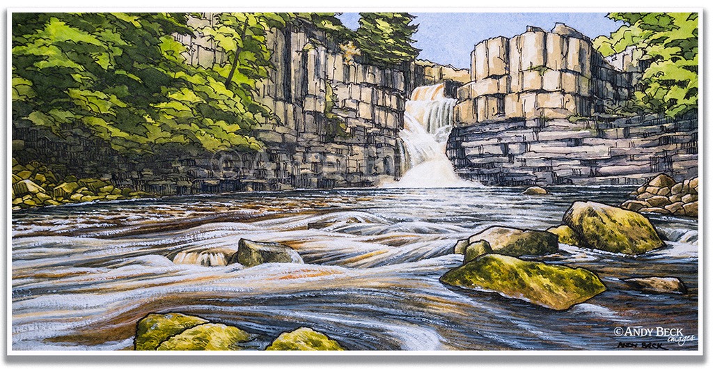 High Force pen and wash sketch. High Force waterfall, River Tees