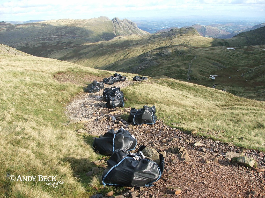 Path repairs near Allen Crags, Langdale Pikes beyond