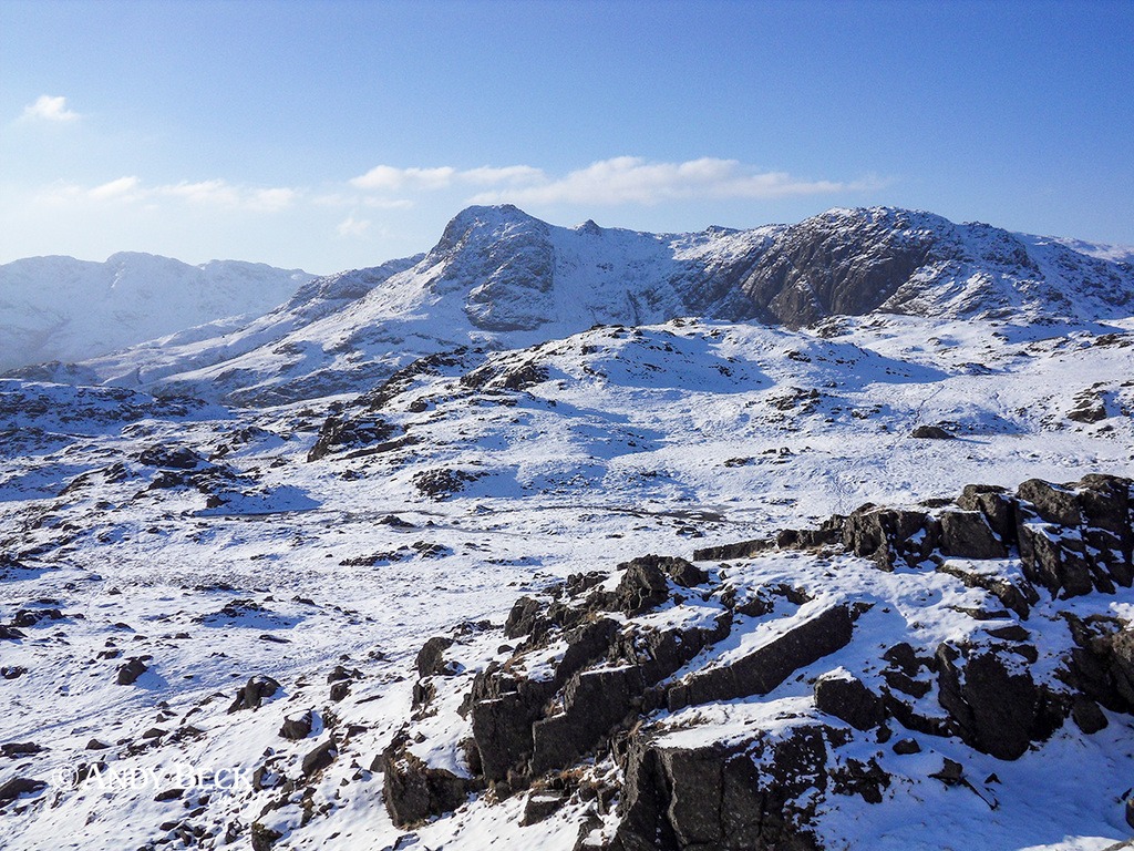The Langdale Pikes snowscape. View from near Blea Rigg