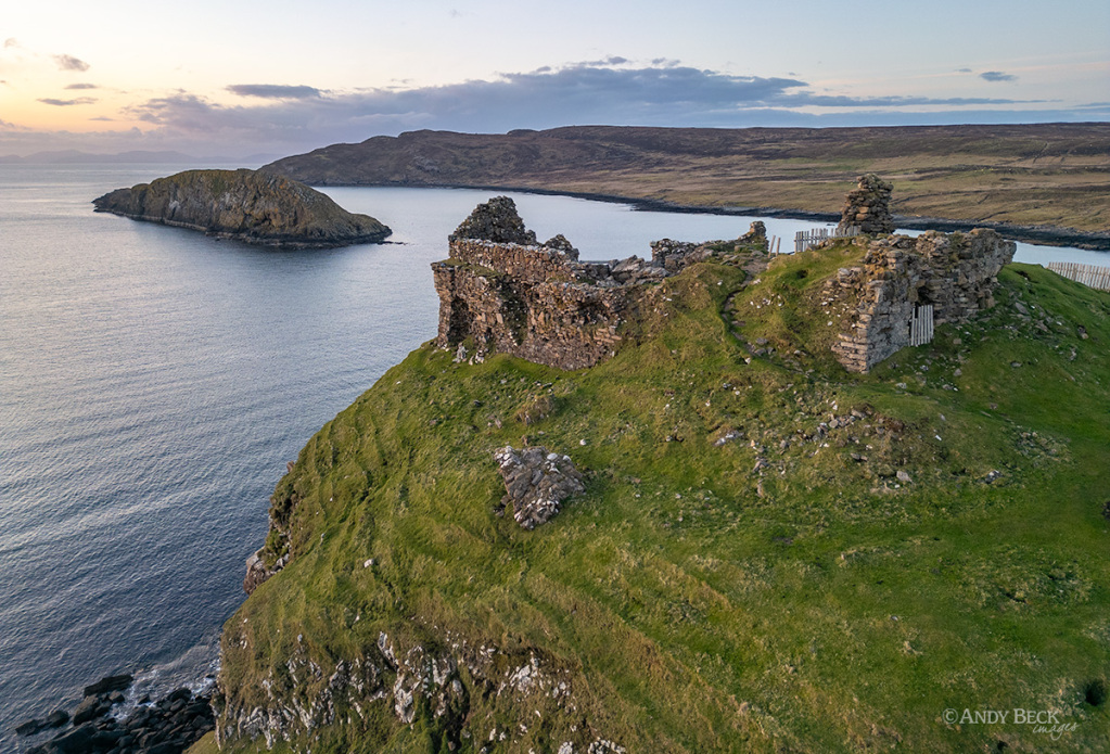 Duntulm Castle, Isle of Skye, aerial shot at evening