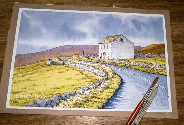 Harwood barn, Teesdale, original pen and watercolour sketch. Teesdale painting by Andy Beck