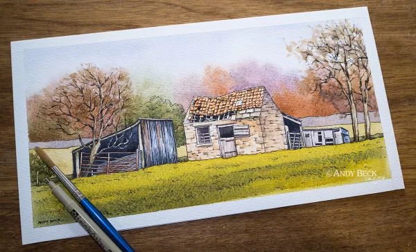 Three Sheds pen and watercolour. Teesdale painting by Andy Beck