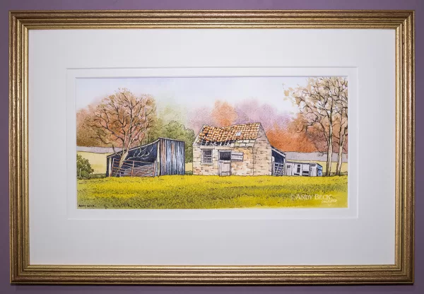 Three Sheds pen and watercolour sketch framed. Teesdale painting by Andy Beck