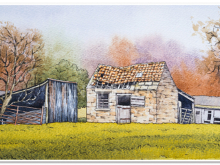 Three Sheds pen and watercolour sketch. Teesdale painting by Andy Beck