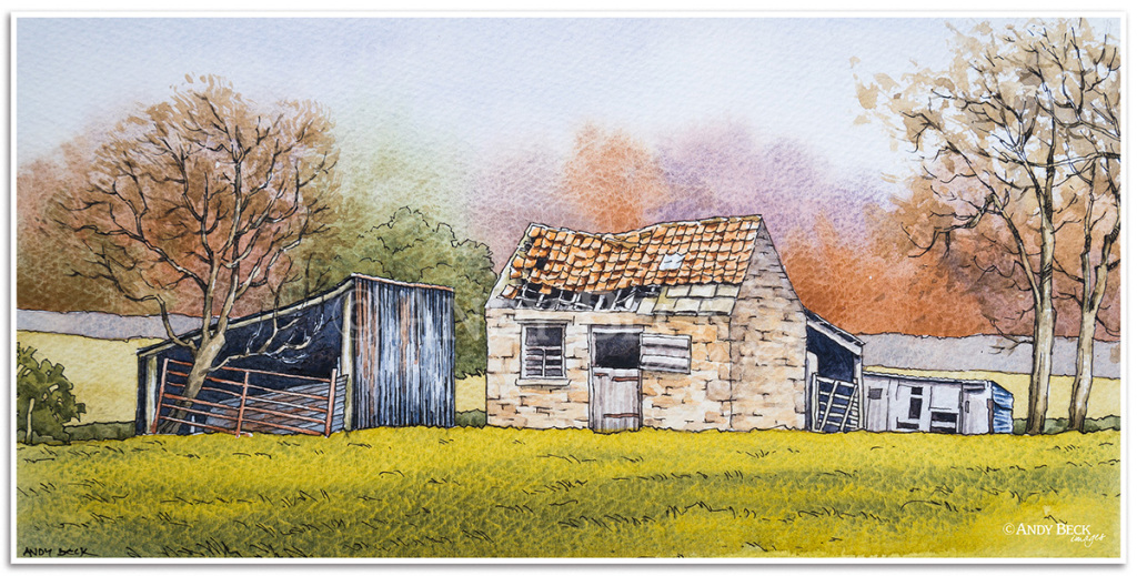 Three Sheds pen and watercolour sketch. Teesdale painting by Andy Beck