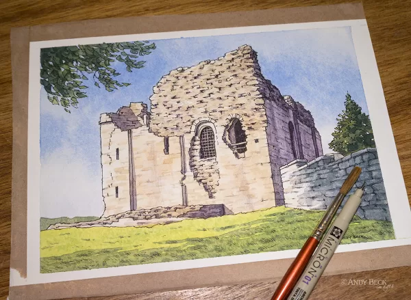 Bowes Castle, Bowes Castle sketch, Pen and watercolour sketch, Teesdale painting