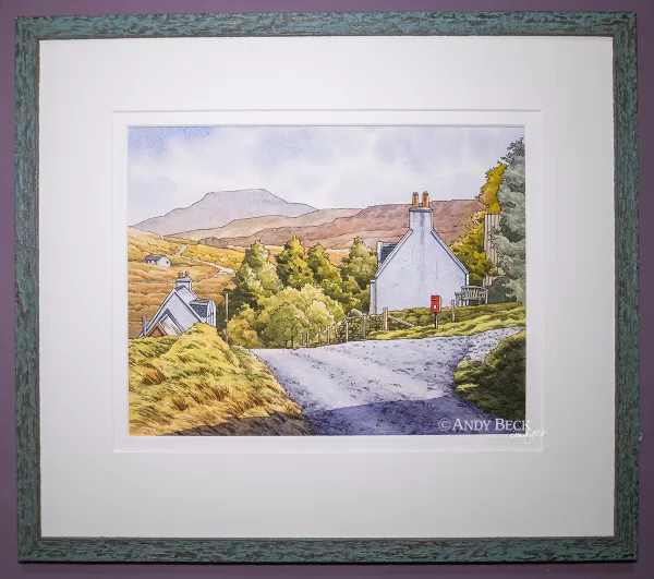Macleod's Table from Borreraig, Isle of Skye. Pen and watercolour sketch framed