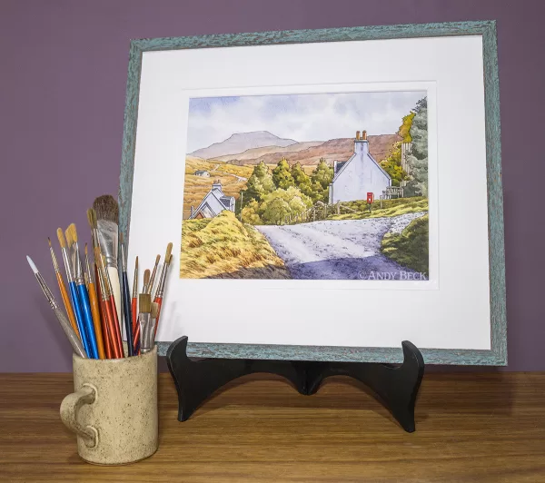 Macleod's Table from Borreraig, Isle of Skye. Pen and watercolour sketch framed
