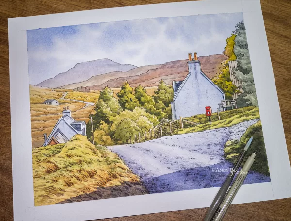 Macleod's Table from Borreraig, Isle of Skye. Pen and watercolour sketch