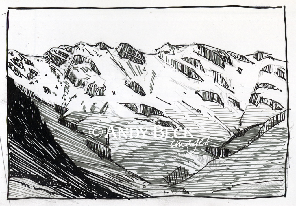 Crinkle Crags line drawing by Andy Beck
