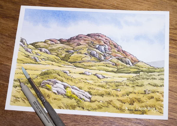 Great Crag. Original pen and watercolour sketch by Andy Beck