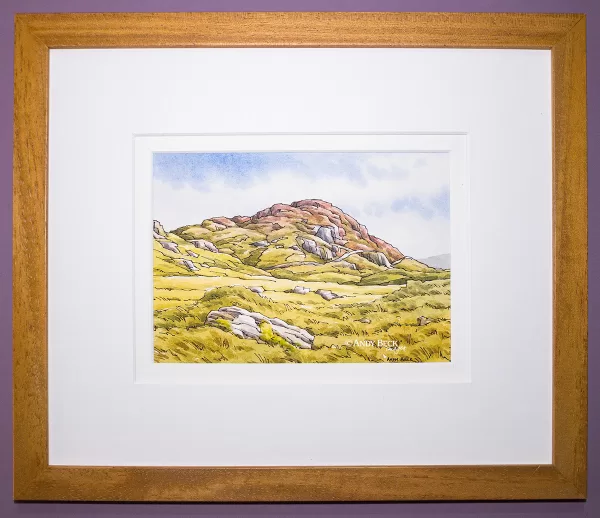 Great Crag. Pen and watercolour sketch by Andy Beck framed