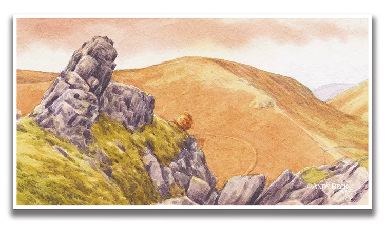 Helm Crag summit scene sketch by Andy Beck from The Wainwrights in Colour