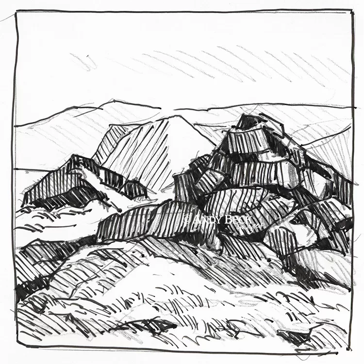 Low Fell summit line drawing by Andy Beck