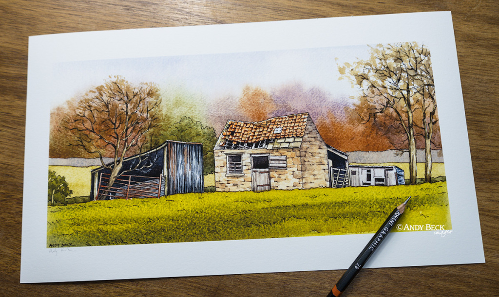 Three sheds print by Andy Beck. Teesdale art