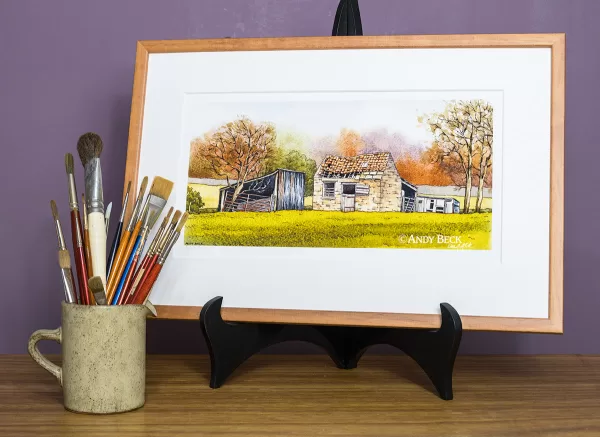 Three sheds print by Andy Beck. Teesdale art