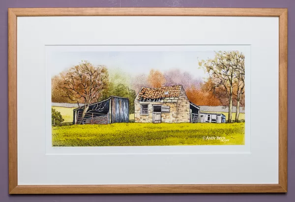 Three sheds print by Andy Beck. Teesdale art