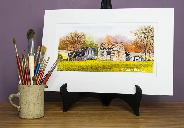 Three sheds print by Andy Beck. Teesdale art