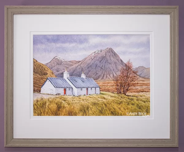 Blackrock Cottage painting by Andy Beck framed. Glencoe painting, Scotland