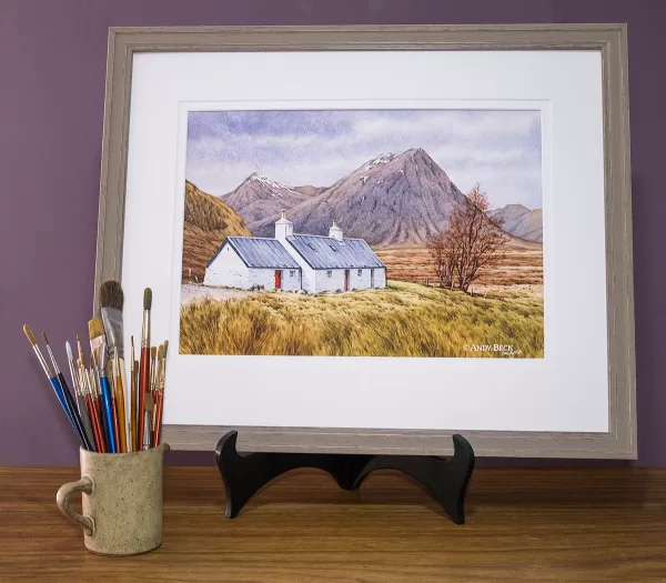 Blackrock Cottage watercolour painting by Andy Beck. Glencoe Scotland