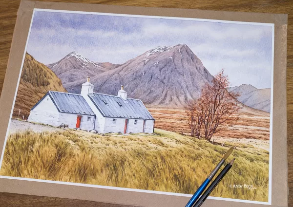 Blackrock Cottage watercolour painting by Andy Beck. Glencoe painting, Scotland