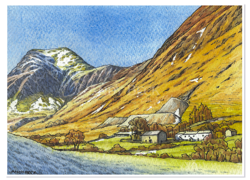 Hindscarth sketch with Low Snab farm, Lakeland sketch Andy Beck painting the wainwrights series