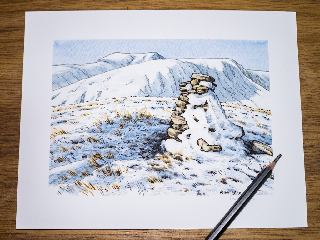 Bannerdale Crags in winter seen from Souther Fell, signed print Andy Beck painting the wainwrights series