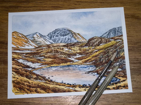 Blackbeck Tarn on Haystacks with Great Gable behind. Wainwright Blackbeck tarn