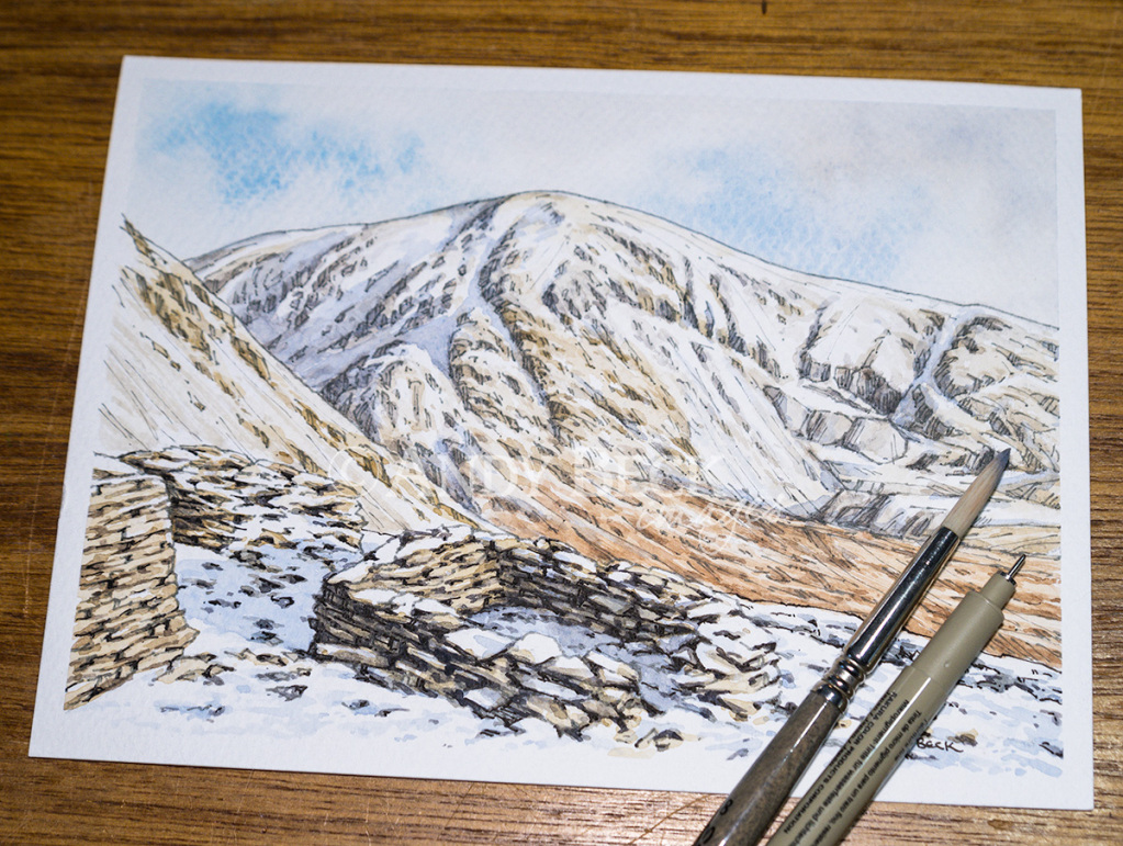 Coniston Old Man sketch viewed from Blind Tarn Quarry. Wainwright Coniston Old Man Andy Beck painting the wainwrights series